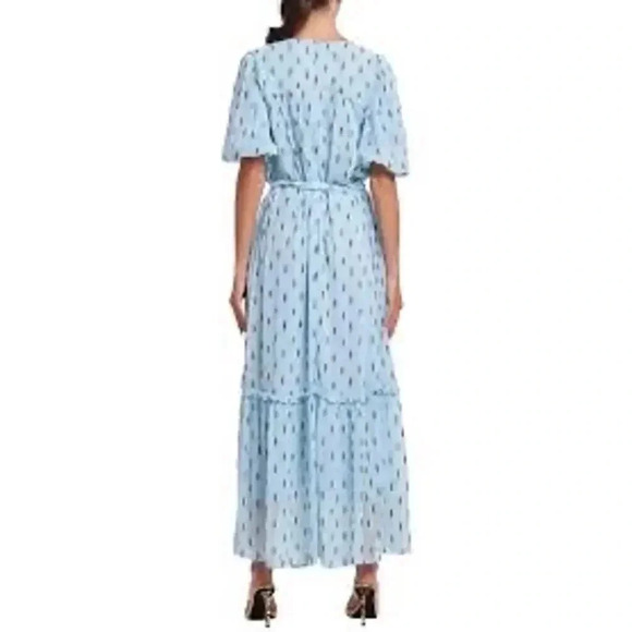 CIEBON Angela Metallic Silver Tinsel Print Ruffle Boho Maxi Dress Women's XS NEW - Picture 2 of 13